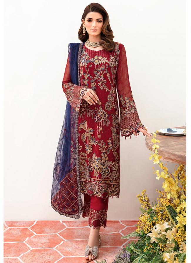 Faux Georgette Red Party Wear Embroidery Work Pakistani Suit